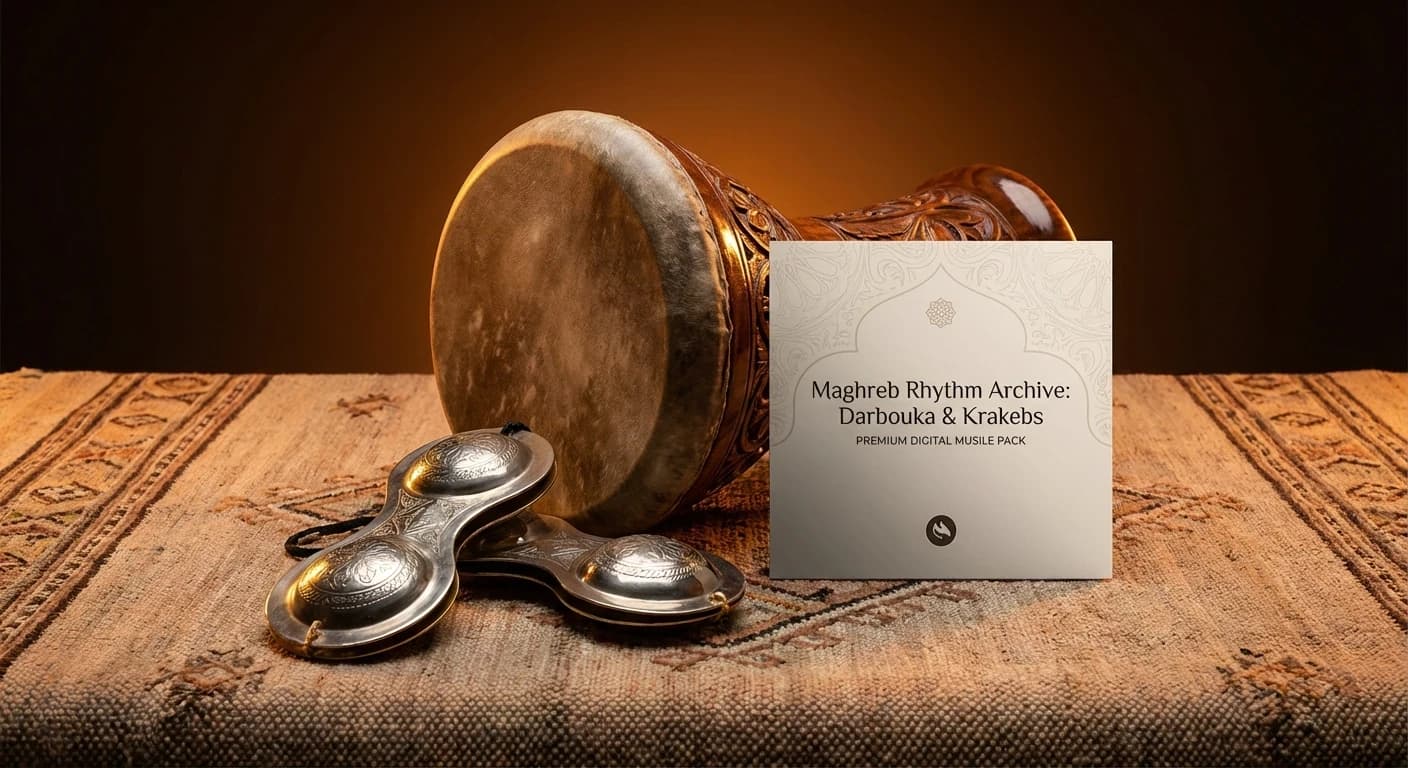 Maghreb Rhythm Archive sample pack cover art with Moroccan percussion instruments